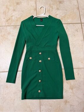 SHEIN Emerald Green Long Sleeve Mini Dress with Gold Buttons